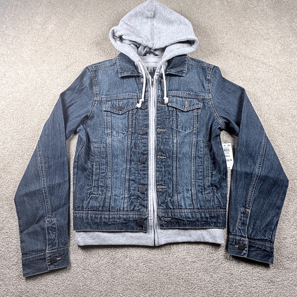 Sun + Stone Denim Jacket Men Small Blue Hooded Tsunami Wash New